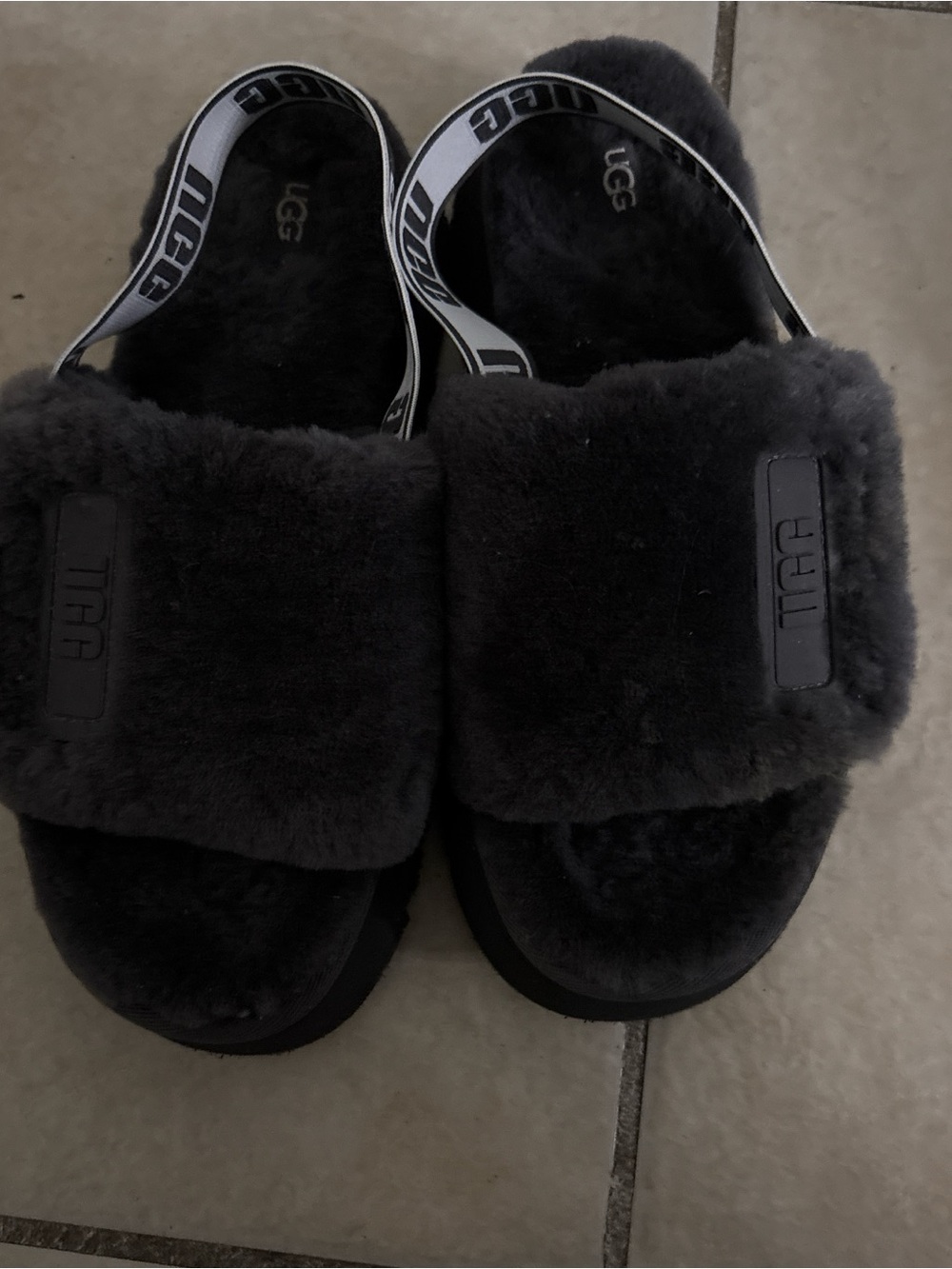 UGG grey Fluff Slide Sandals with Branded Elastic Strap